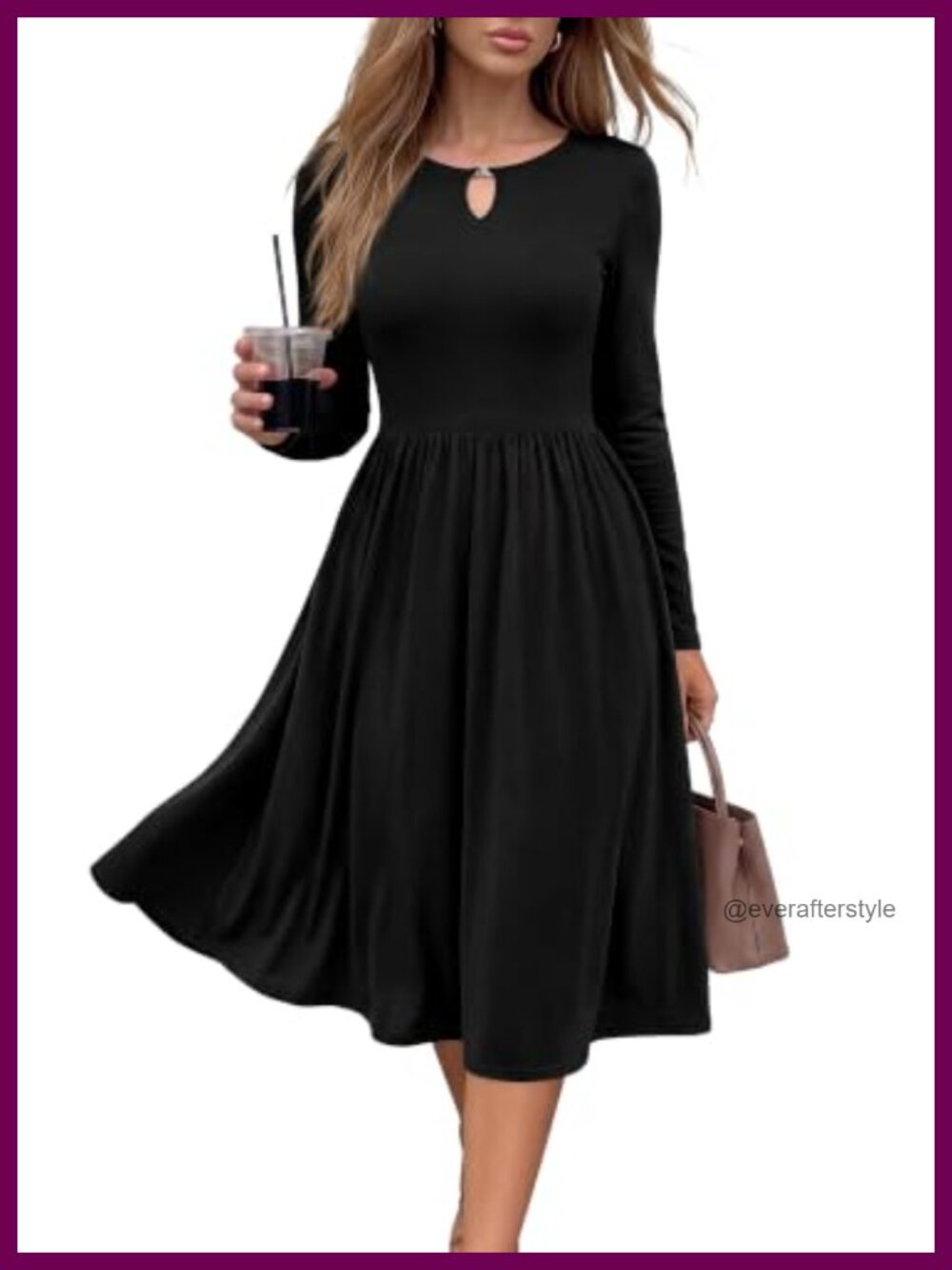 Empire Waist Keyhole Midi Dress Long Sleeve A-Line Stretch Jersey